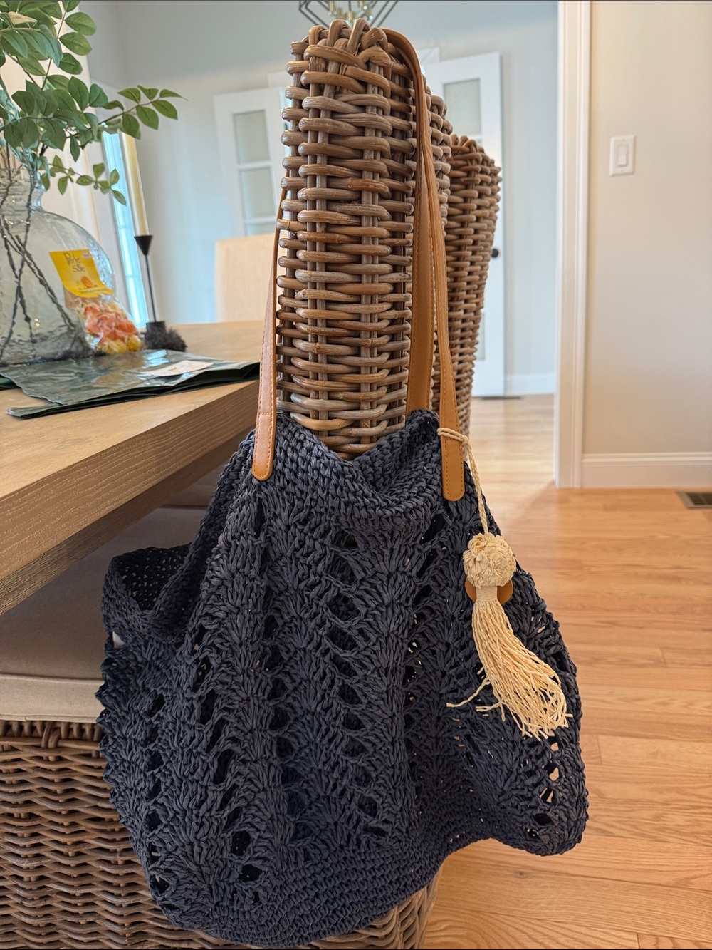 Mark & Graham Navy Crochet Tote with Tan Leather Straps and Tassel